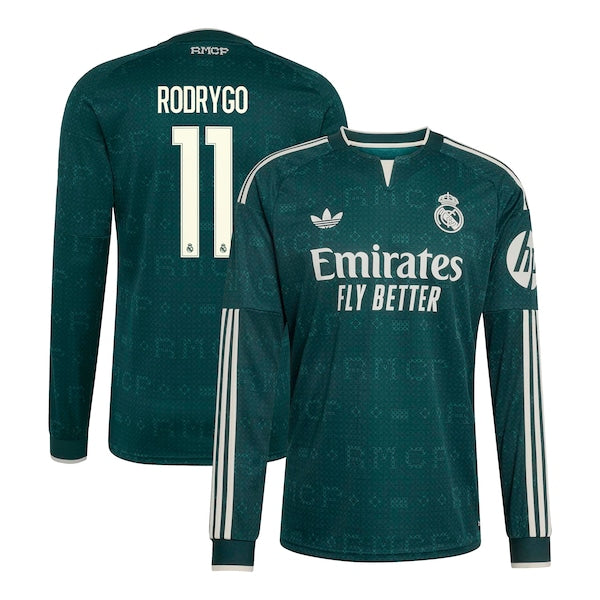 Rodrygo Real Madrid Jerseys Teams 2026/27 Away Replica Long Sleeve Jersey - Green